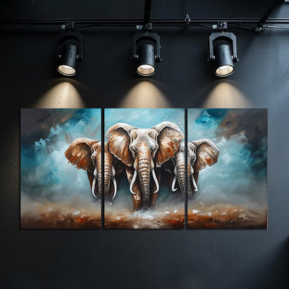 3pcs Elephant Trio Grandeur and Unity Themed Wall Art Set Canvas Framed 60x90cm - High Quality Print 100% Australian Made Wall Canvas Ready to Hang