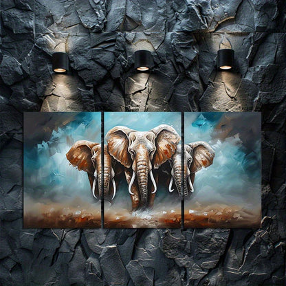 3pcs Elephant Trio Grandeur and Unity Themed Wall Art Set Canvas Framed 50x70cm - High Quality Print 100% Australian Made Wall Canvas Ready to Hang