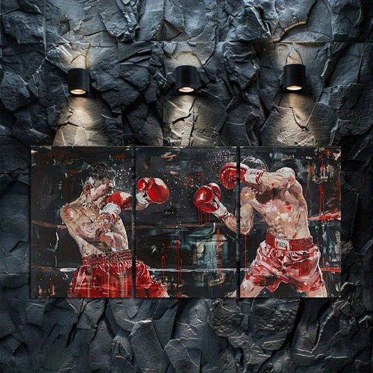 3pcs Boxer Fight Scene Wall Art Set Canvas Framed 50x70cm - High Quality Print 100% Australian Made Wall Canvas Ready to Hang