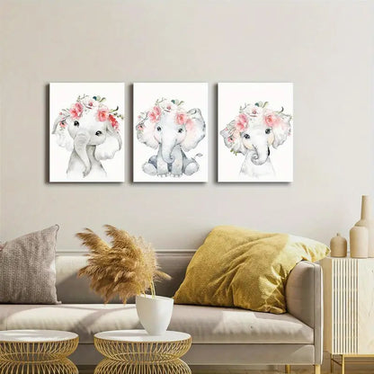 3pcs Elephant Cute Botanical Floral Metal Print Ready to Hang Art