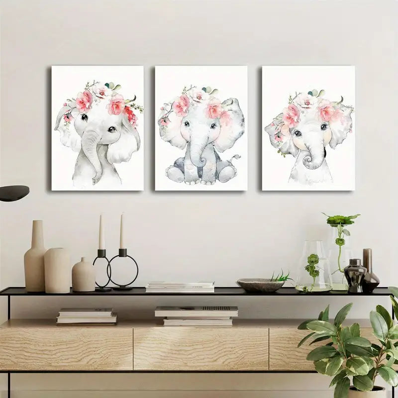 3pcs Elephant Cute Botanical Floral Metal Print Ready to Hang Art