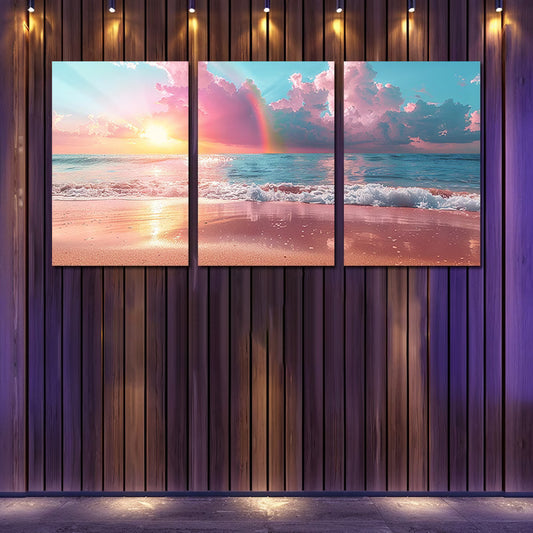 3pcs Beach Sunset with Pastel Rainbow Wall Art Set Canvas Framed 50x70cm - High Quality Print 100% Australian Made Wall Canvas Ready to Hang
