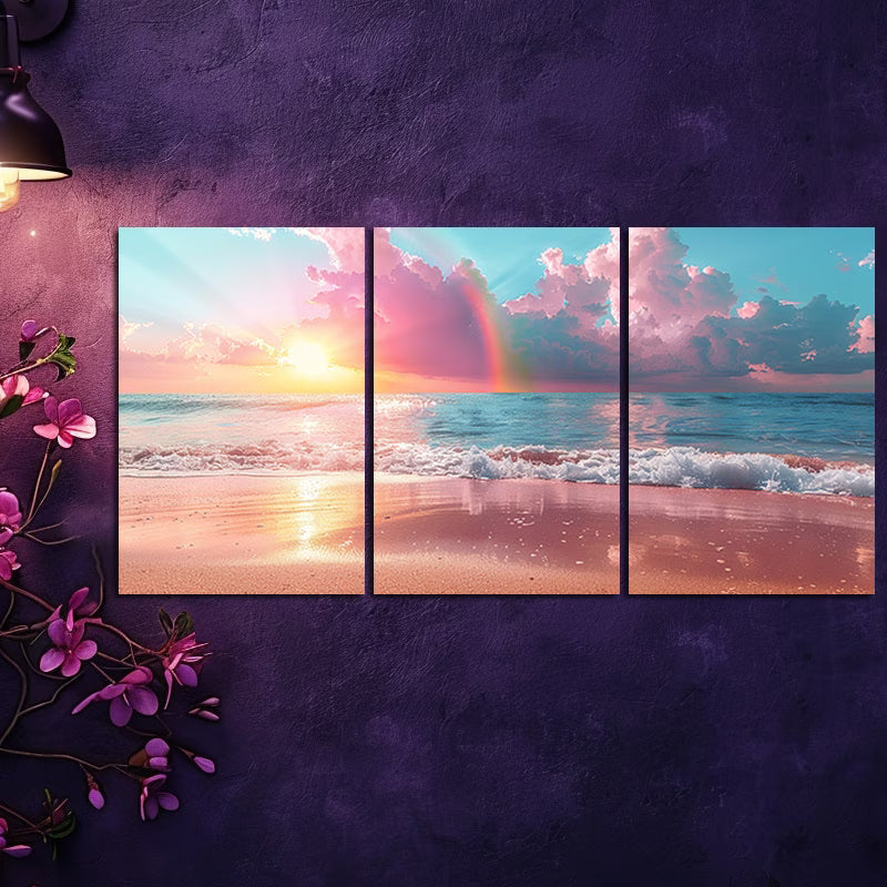 3pcs Beach Sunset with Pastel Rainbow Wall Art Set Canvas Framed 50x70cm - High Quality Print 100% Australian Made Wall Canvas Ready to Hang - Bella Home Decor