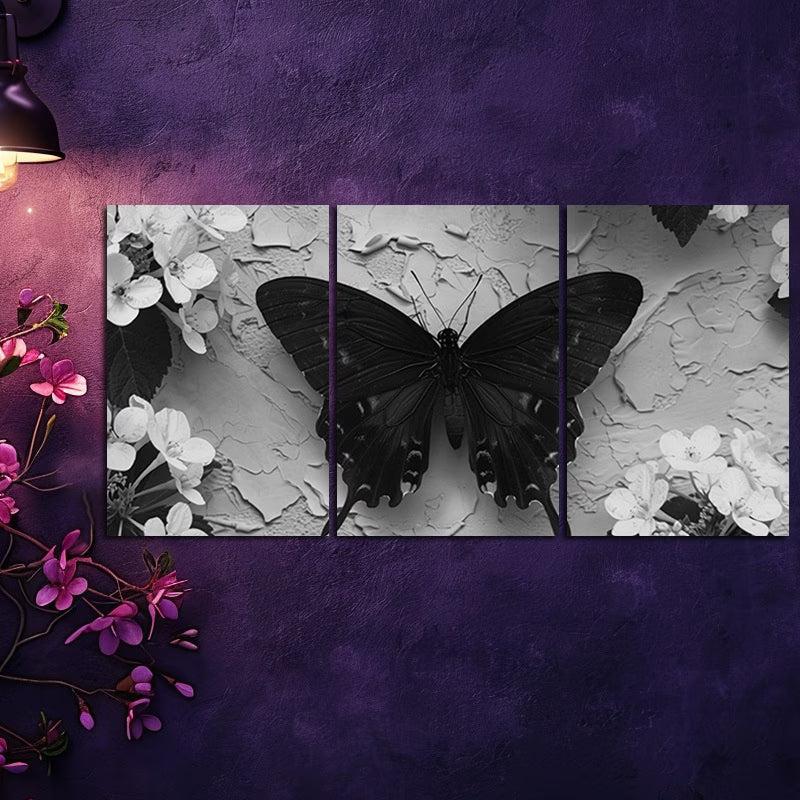 3pcs Black Butterfly Illustration Wall Art Set Canvas Framed 50x70cm - High Quality Print 100% Australian Made Wall Canvas Ready to Hang - Bella Home Decor
