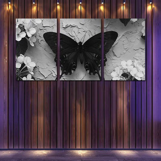 3pcs Black Butterfly Illustration Wall Art Set Canvas Framed 60x90cm - High Quality Print 100% Australian Made Wall Canvas Ready to Hang