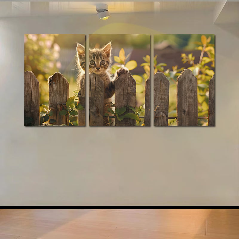3pcs Charming Kitten at the Fence Wall Art Set Canvas Framed 60x90cm - High Quality Print 100% Australian Made Wall Canvas Ready to Hang - Bella Home Decor