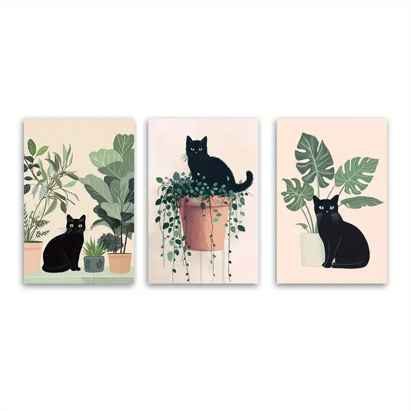 3pcs Black Cat & Plants Metal Print Ready to Hang Art - Bella Home Decor