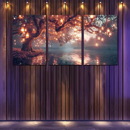 3pcs Enchanted Tree with Hanging Lights & Candle Wall Art Set Canvas Framed 40x60cm - High Quality Print 100% Australian Made Wall Canvas Ready to Hang