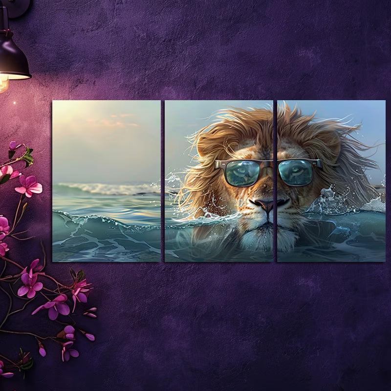 3pcs Lion with Glasses Ocean Wall Art Set Canvas Framed 50x70cm - High Quality Print 100% Australian Made Wall Canvas Ready to Hang