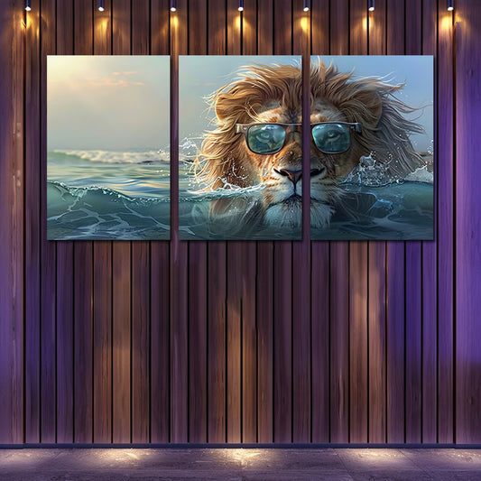 3pcs Lion with Glasses Ocean Wall Art Set Canvas Framed 50x70cm - High Quality Print 100% Australian Made Wall Canvas Ready to Hang