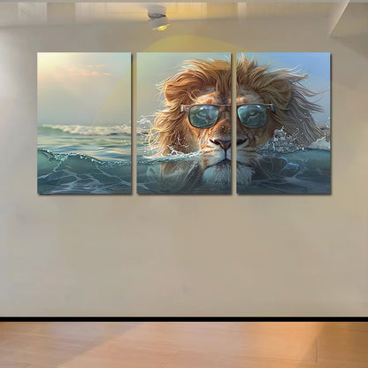 3pcs Lion with Glasses Ocean Wall Art Set Canvas Framed 50x70cm - High Quality Print 100% Australian Made Wall Canvas Ready to Hang