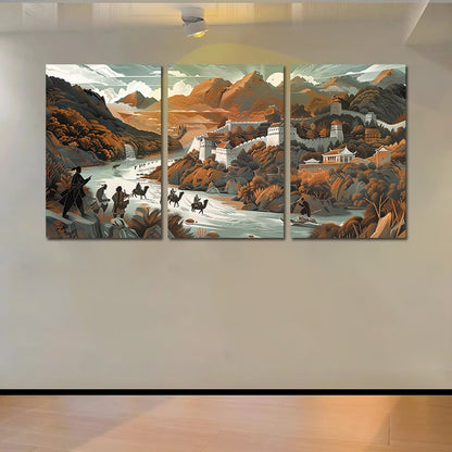 3pcs Great Wall of China Illustration Wall Art Set Canvas Framed 40x60cm - High Quality Print 100% Australian Made Wall Canvas Ready to Hang