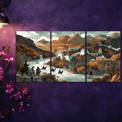3pcs Great Wall of China Illustration Wall Art Set Canvas Framed 40x60cm - High Quality Print 100% Australian Made Wall Canvas Ready to Hang