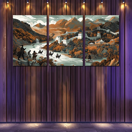 3pcs Great Wall of China Illustration Wall Art Set Canvas Framed 50x70cm - High Quality Print 100% Australian Made Wall Canvas Ready to Hang