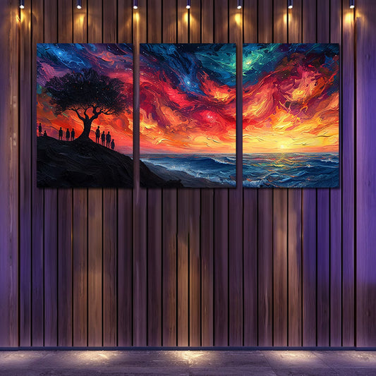 3pcs Psychedelic Tree of Life Vibrant Sunset Wall Art Set Canvas Framed 50x70cm - High Quality Print 100% Australian Made Wall Canvas Ready to Hang