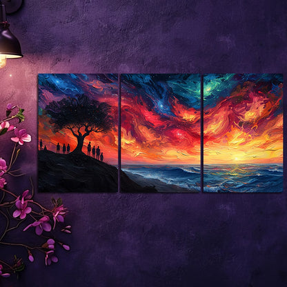 3pcs Psychedelic Tree of Life Vibrant Sunset Wall Art Set Canvas Framed 50x70cm - High Quality Print 100% Australian Made Wall Canvas Ready to Hang