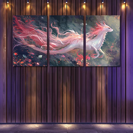 3pcs Pink-Haired Dragon Illustration Wall Art Set Canvas Framed 60x90cm - High Quality Print 100% Australian Made Wall Canvas Ready to Hang
