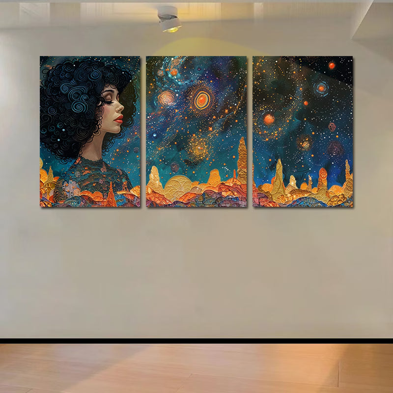 3pcs Woman Looking into a Cosmic Landscape Wall Art Set Canvas Framed 50x70cm - High Quality Print 100% Australian Made Wall Canvas Ready to Hang