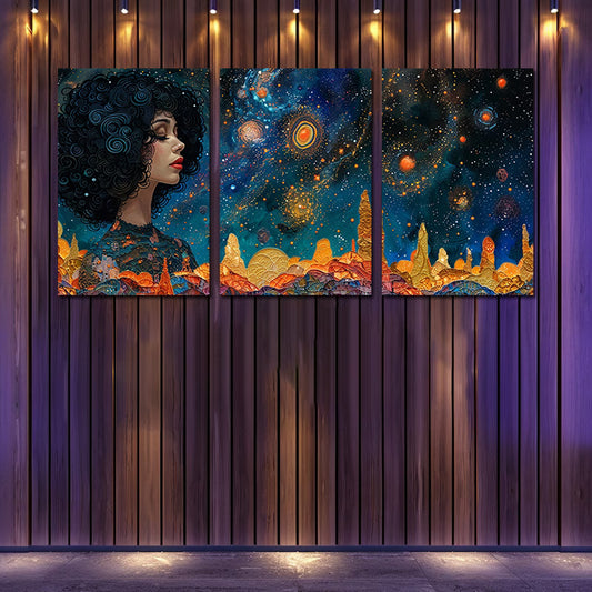 3pcs Woman Looking into a Cosmic Landscape Wall Art Set Canvas Framed 50x70cm - High Quality Print 100% Australian Made Wall Canvas Ready to Hang