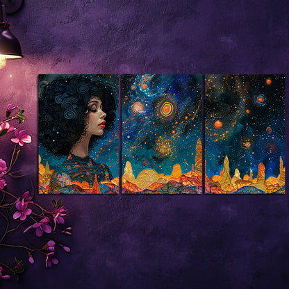 3pcs Woman Looking into a Cosmic Landscape Wall Art Set Canvas Framed 40x60cm - High Quality Print 100% Australian Made Wall Canvas Ready to Hang