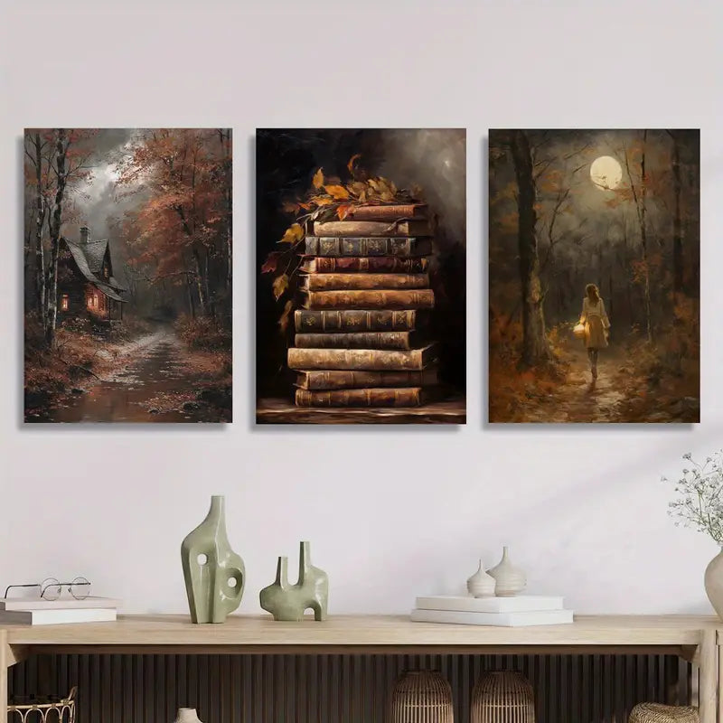 3pcs Chinese Pine Tree Ink Washing Landscape Metal Print Ready to Hang Art - Bella Home Decor