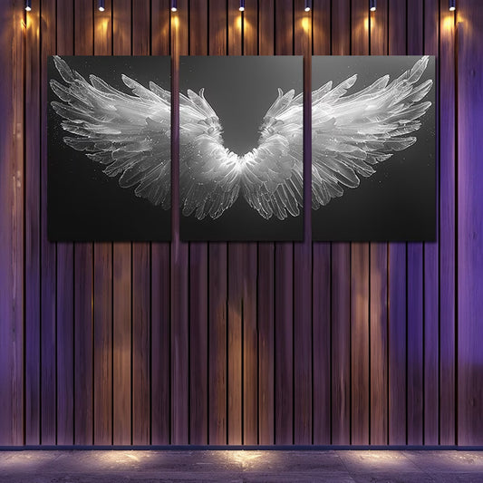 3pcs Luxurious Black and white Angel Wings Wall Art Set Canvas Framed 60x90cm - High Quality Print 100% Australian Made Wall Canvas Ready to Hang