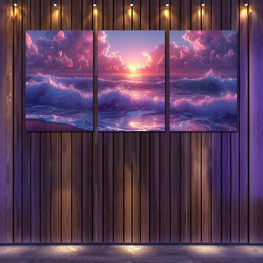 3pcs Beach Sunset with Pink and Purple Clouds Wall Art Set Canvas Framed 60x90cm - High Quality Print 100% Australian Made Wall Canvas Ready to Hang