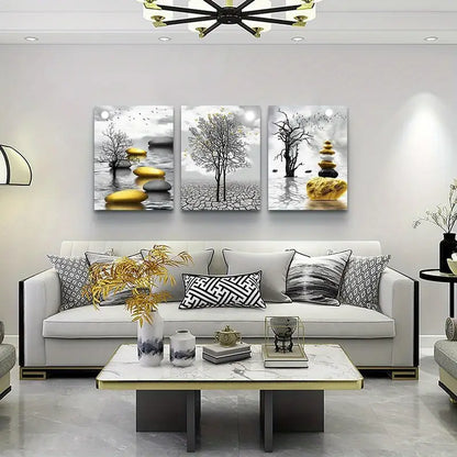 3pcs  Black & White & Golden Accent Metal Print Ready to Hang Art - Bella Home Decor