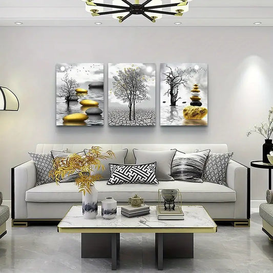 3pcs Black & White & Golden Accent Metal Print Ready to Hang Art
