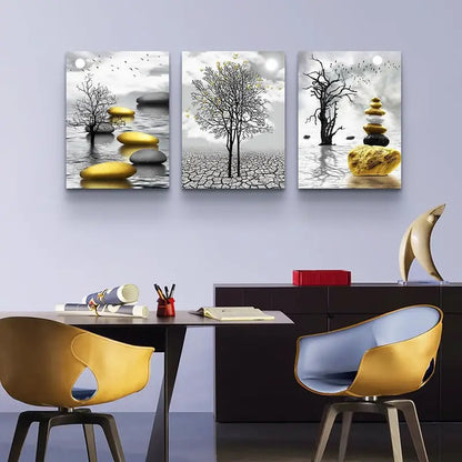 3pcs  Black & White & Golden Accent Metal Print Ready to Hang Art - Bella Home Decor