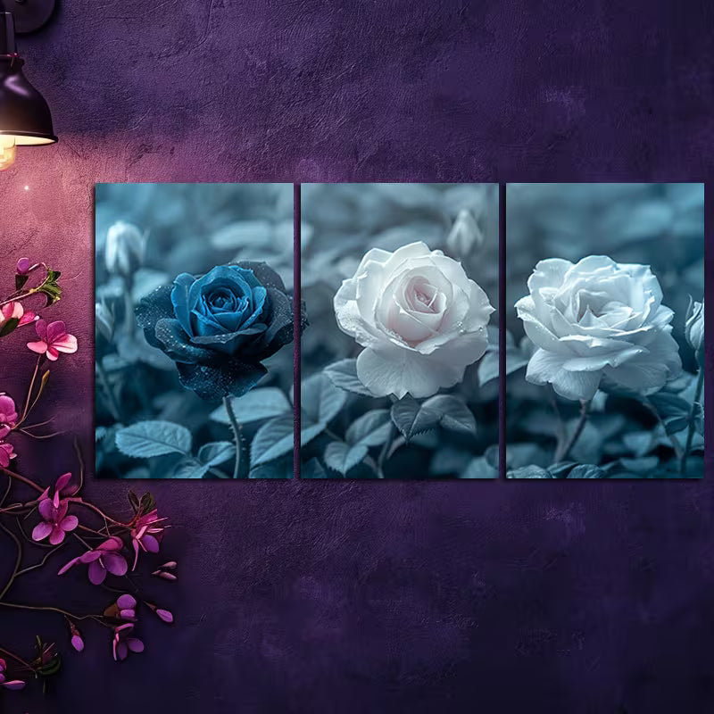 3pcs Blue & White Blue Roses with Leaves Wall Art Set Canvas Framed 50x70cm - High Quality Print 100% Australian Made Wall Canvas Ready to Hang - Bella Home Decor