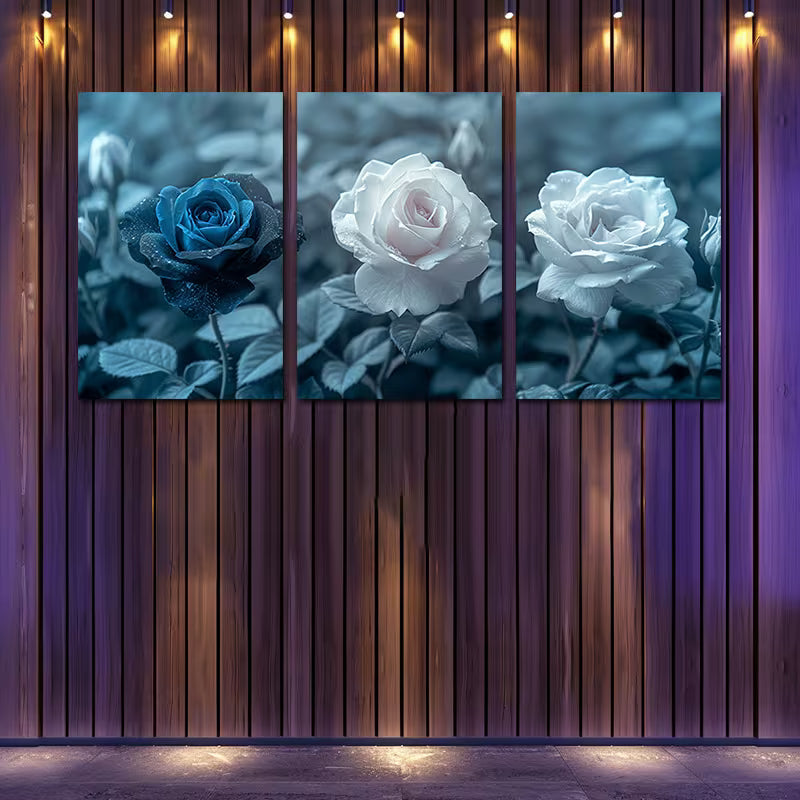 3pcs Blue & White Blue Roses with Leaves Wall Art Set Canvas Framed 40x60cm - High Quality Print 100% Australian Made Wall Canvas Ready to Hang - Bella Home Decor