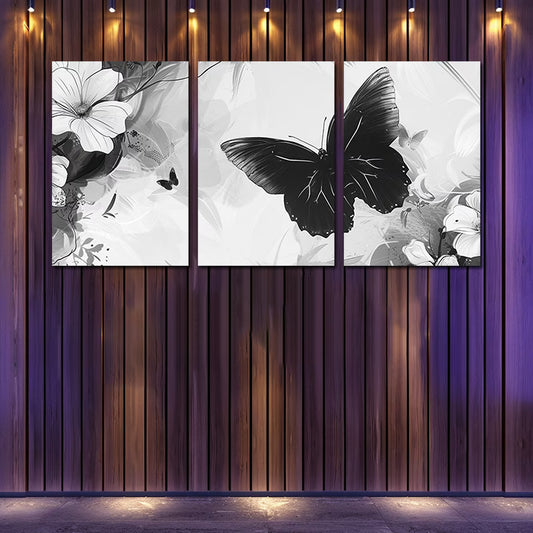 3pcs Black Butterfly Modern Illustration Wall Art Set Canvas Framed 40x60cm - High Quality Print 100% Australian Made Wall Canvas Ready to Hang