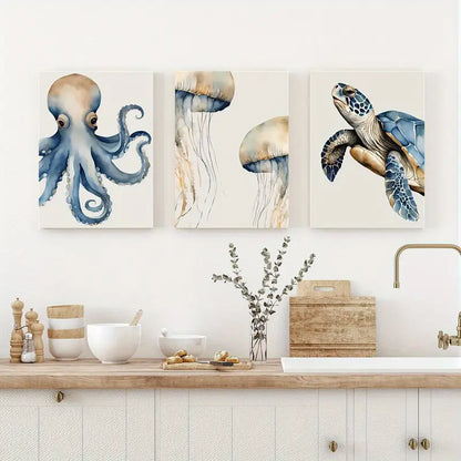 3pcs Octopus & Turtle Canvas Wall Art Metal Print Ready to Hang Art