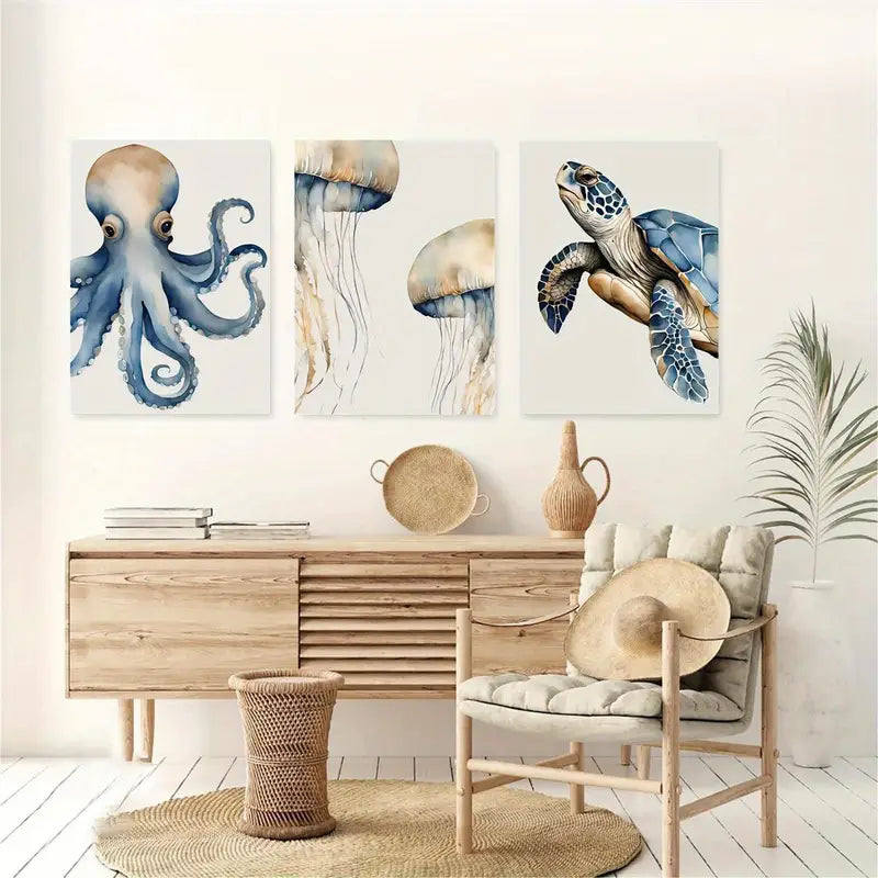 3pcs Octopus & Turtle Canvas Wall Art Metal Print Ready to Hang Art
