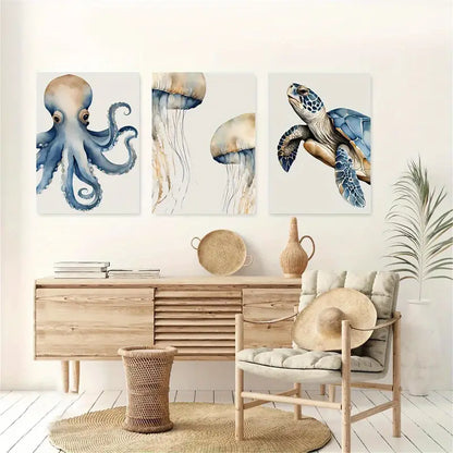3pcs Octopus & Turtle Canvas Wall Art Metal Print Ready to Hang Art