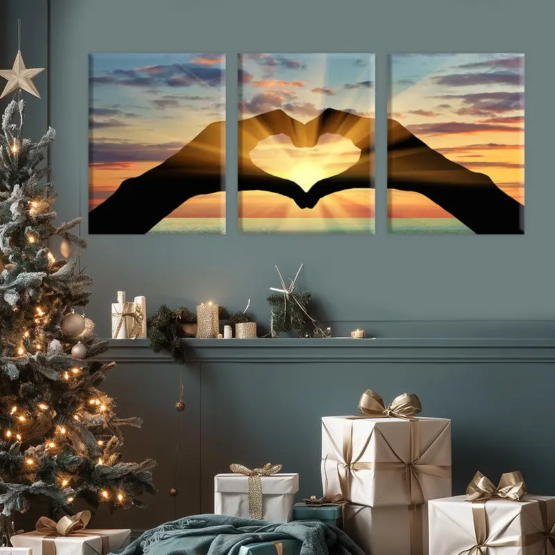 3pcs Triptych  Sunset Heart Hands & Ocean Line Metal Print Ready to Hang Art