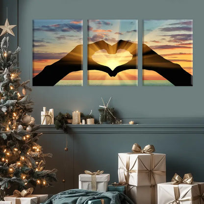 3pcs Triptych  Sunset Heart Hands & Ocean Line Metal Print Ready to Hang Art