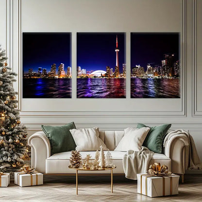 3pcs Riverside City Night Scene Metal Print Ready to Hang Art