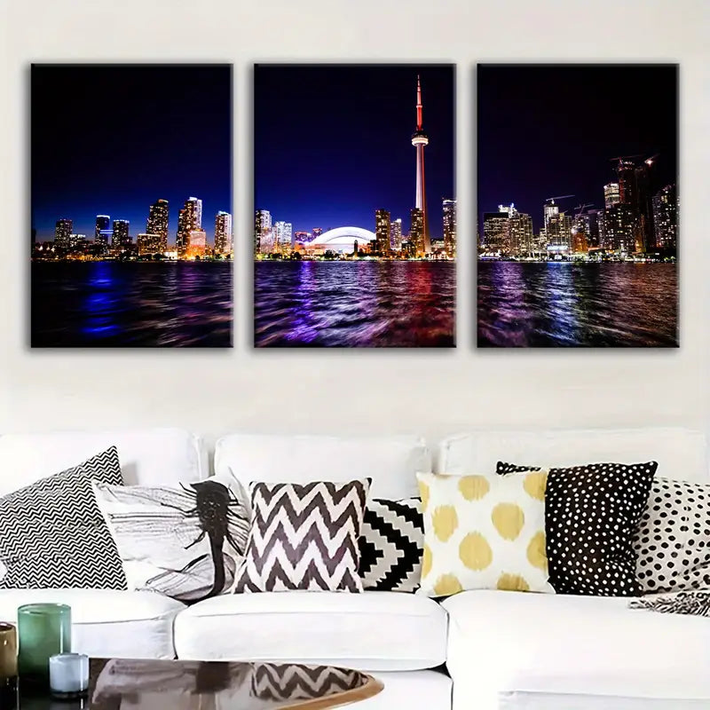 3pcs Riverside City Night Scene Metal Print Ready to Hang Art