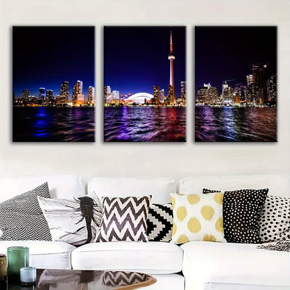 3pcs Riverside City Night Scene Metal Print Ready to Hang Art