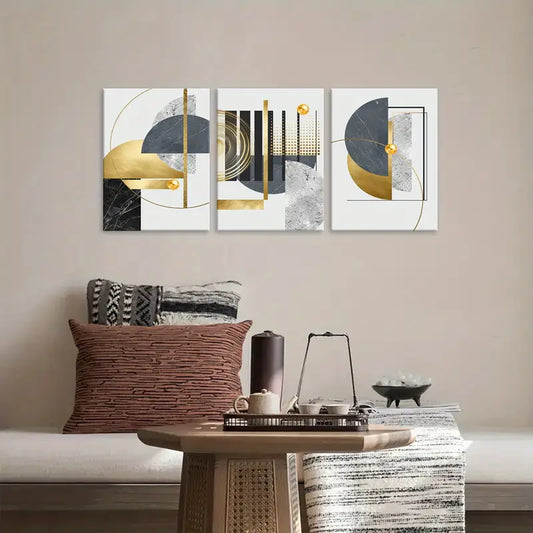 3pcs Artistic Abstract Shapes Gold Classic Design Metal Print Ready to Hang Art