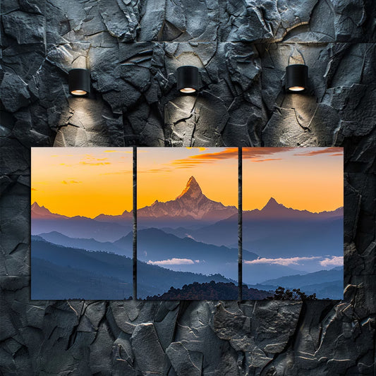 3pcs Annapurna Range Himalayas Silhouette Wall Art Set Canvas Framed 50x70cm - High Quality Print 100% Australian Made Wall Canvas Ready to Hang