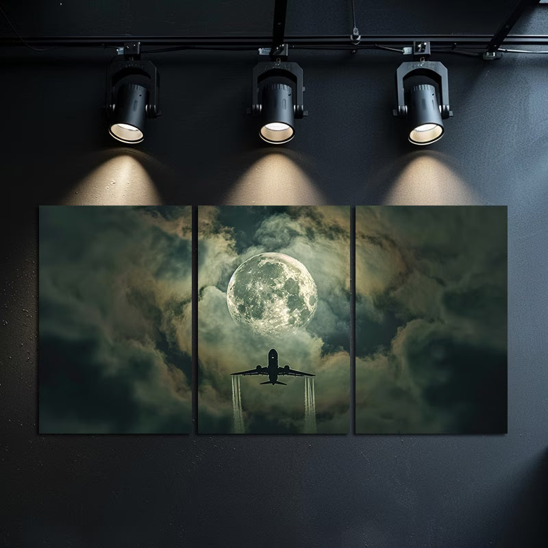 3pcs Moon and Airplane Sky Scene Wall Art Set Canvas Framed 60x90cm - High Quality Print 100% Australian Made Wall Canvas Ready to Hang