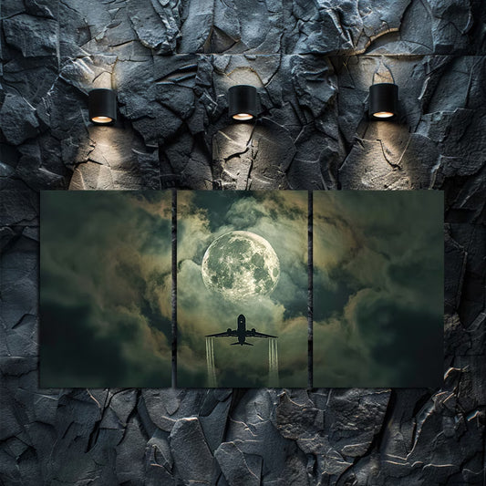 3pcs Moon and Airplane Sky Scene Wall Art Set Canvas Framed 50x70cm - High Quality Print 100% Australian Made Wall Canvas Ready to Hang
