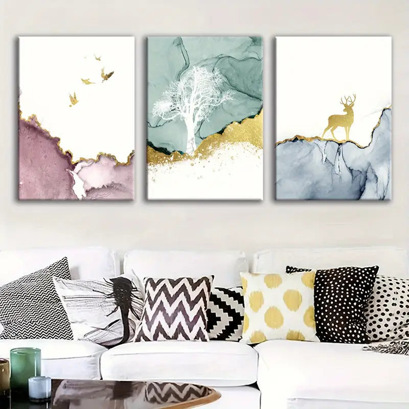 3pcs Pink/Beige/Teal Blue/Golden Marble-like Abstr Metal Print Ready to Hang Art