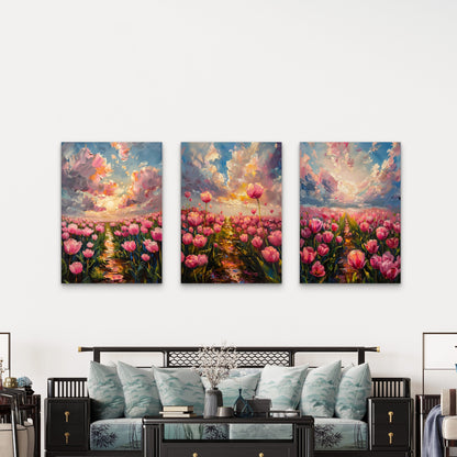 3pcs Pink Tulip Field Impasto Painting Wall Art Set Canvas Framed 40x60cm - High Quality Print 100% Australian Made Wall Canvas Ready to Hang