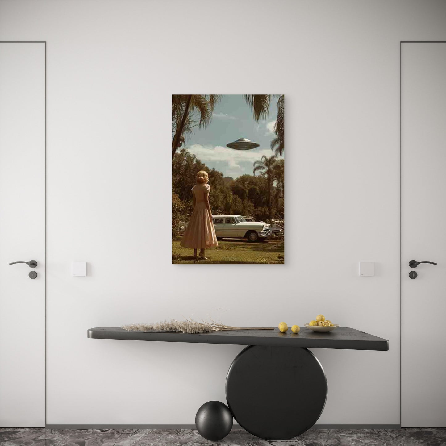 Vintage UFO Flying Saucer & 1950s Retro 60x90cm Metal Print Ready to Hang