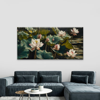 Lotus Flower & Green Leaf Wall Art Canvas Office Home Room Framed 120x60cm