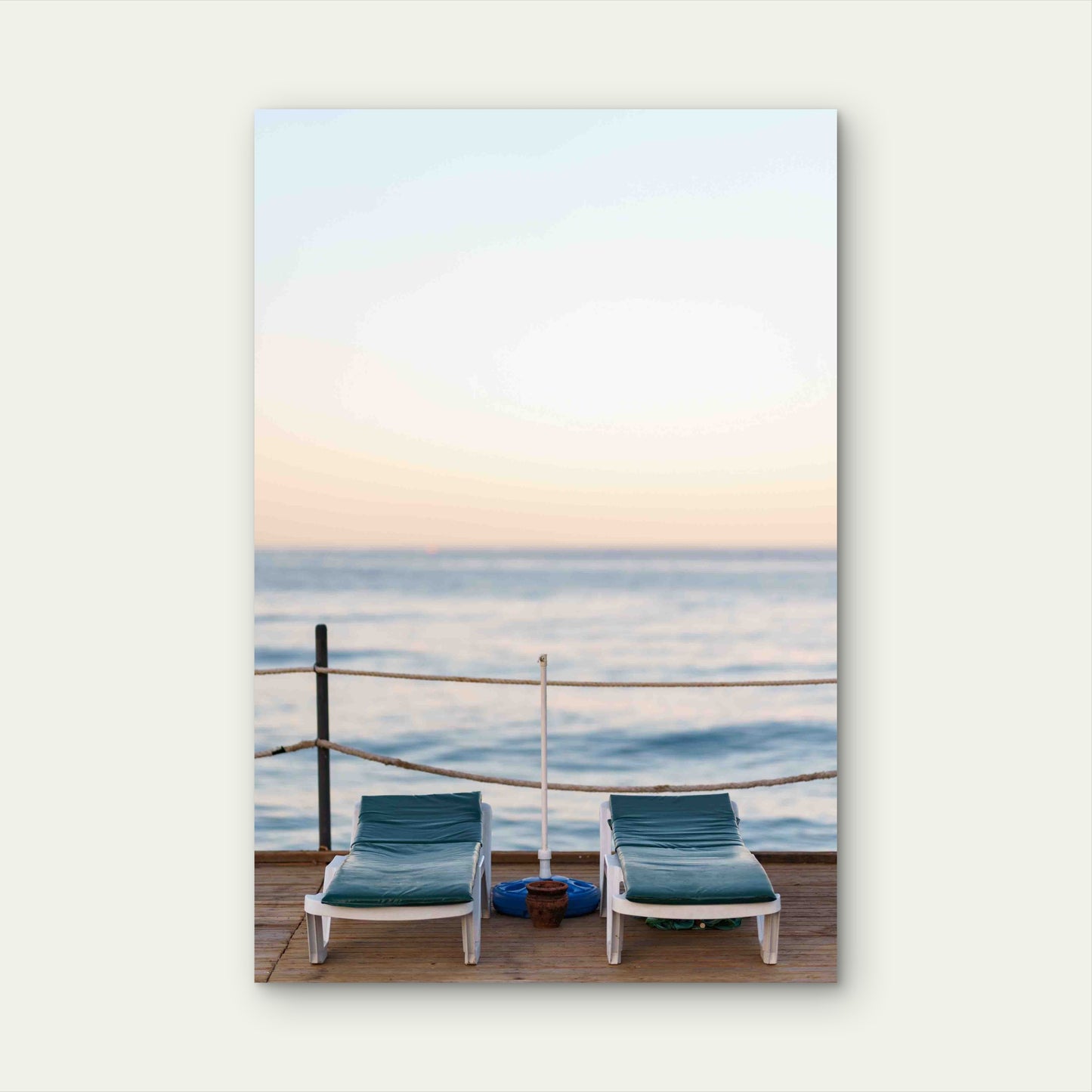 Beautiful View of Two Wooden Sunbeds  60x90cm Metal Print Ready to Hang